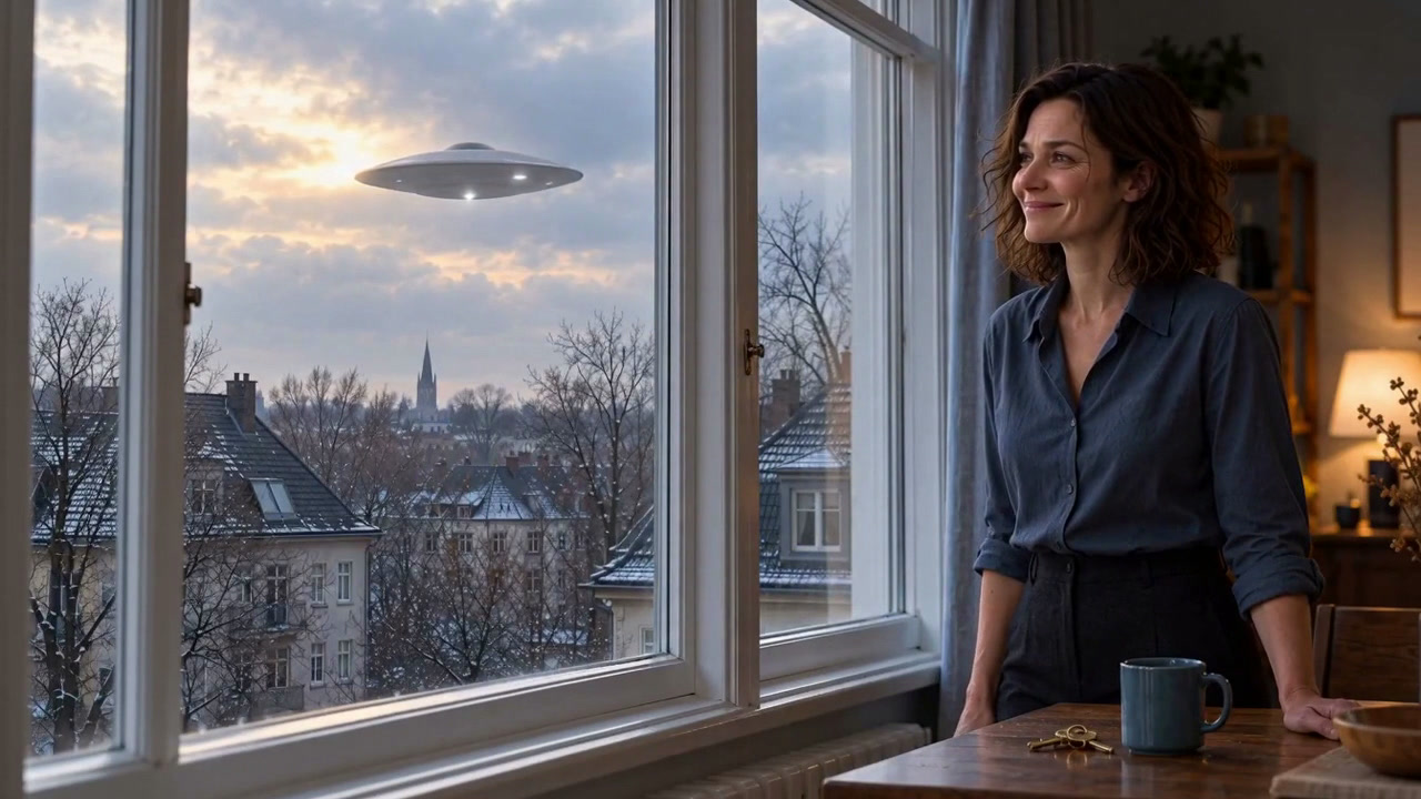 Cold Gravity: Frau am Fenster mit metallischem UFO über winterlichen Dächern, echtes Endbild des freigegebenen KI-Musikvideos