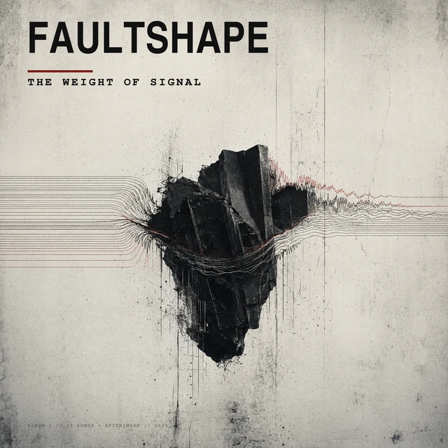 FAULTSHAPE – The Weight of Signal: schwebender schwarzer Fels in Signallinien auf hellem Grund