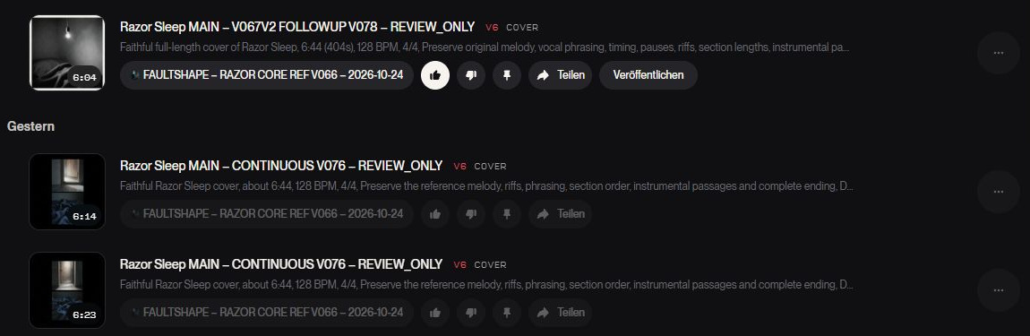 Razor Sleep: historische Vergleichsfassungen in der Review-Sammlung. Nicht alle Versuche wurden übernommen.